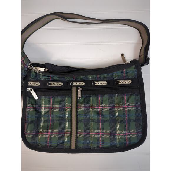 LeSportsac Deluxe Everyday Bag Expandable Green Plaid Pouch - Picture 3 of 9